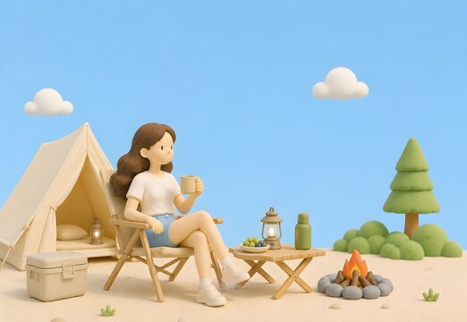 여름 캠핑장에서 휴식을 즐기는 여성 캠퍼 라이프스타일 3D 렌더링
Generating AI