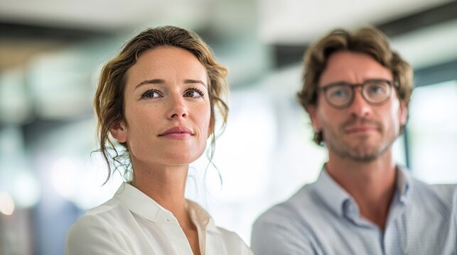 upper. Two business colleagues engaged in conversation in a bright contemporary workspace. pitch deck slides, case study pages, designed for brand storytelling and e-commerce strategy.