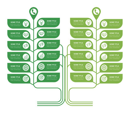 Double vertical process timeline diagram with 12 steps and tree structure. multi step tree infographic and green color. vector illustration.