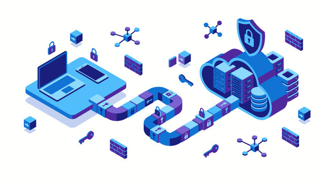 Isometric data security concept with devices and protected server infrastructure.