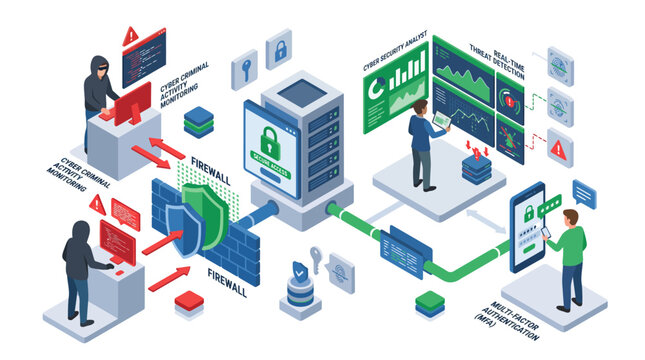 Isometric data security concept with firewall protection and network server.