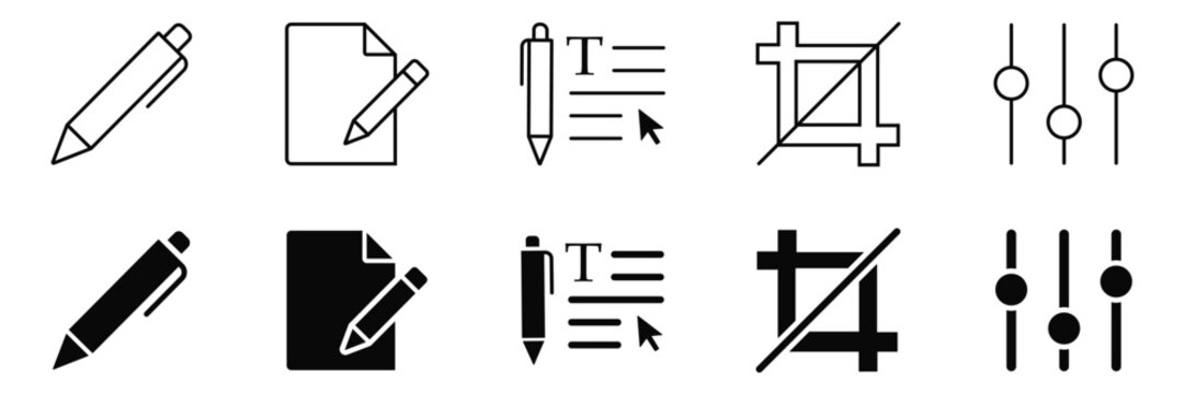 Creative set of editing tools icons featuring pens paper text formatting crop frame and audio adjustment sliders in outline and solid black styles for graphic design.