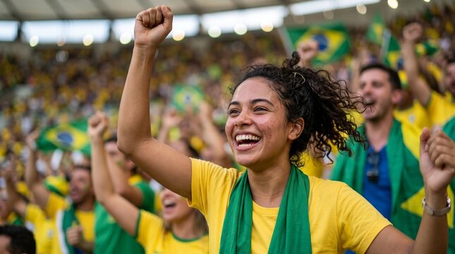 An enthusiastic Brazilian soccer fan is cheering with a fist raised in a crowded stadium