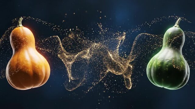 Orange and green gourds float in a dark space, surrounded by sparkling particles, showcasing a dynamic interaction between the two distinct squash varieties in a visually captivating manner
