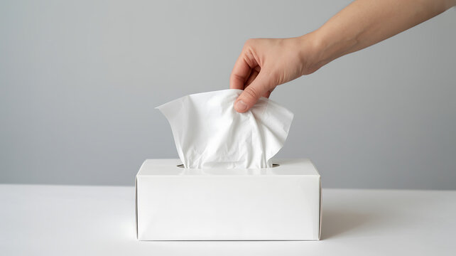 Hand pulling a white tissue from blank box on clean surface against gray background