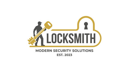 Fototapeta premium Locksmith Modern Security Solutions Logo with Technician Man Holding Large Golden Key and Keyhole Line Emblem Outline Vector Illustration for Professional Residential Door Repair Service