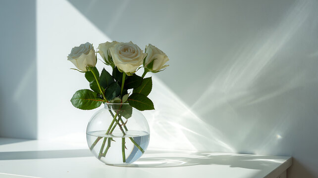 four white roses in round glass vase on white table with soft sunlight shadows