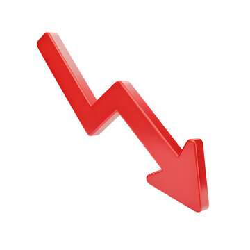 Red downward arrow symbol representing decline concept isolated on transparent background
