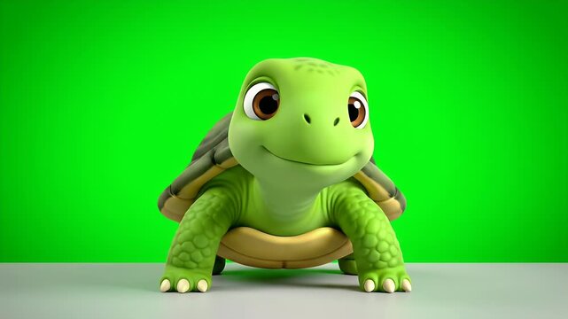 Adorable Cartoon Turtle Character Isolated On Green Screen Background For Animation And Design Purposes