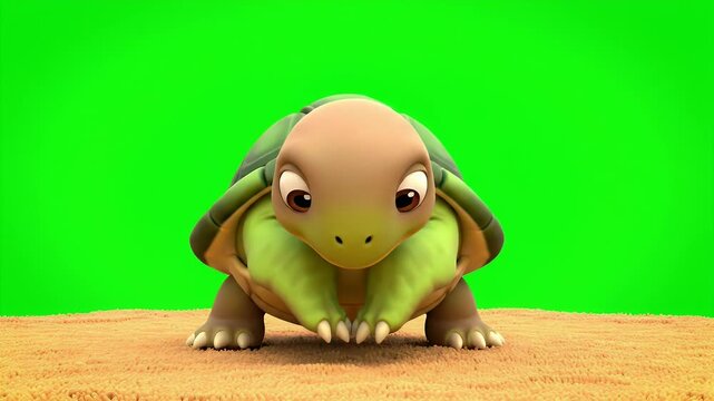 Adorable cartoon turtle character standing on sandy ground with a vibrant green screen background isolated for easy compositing
