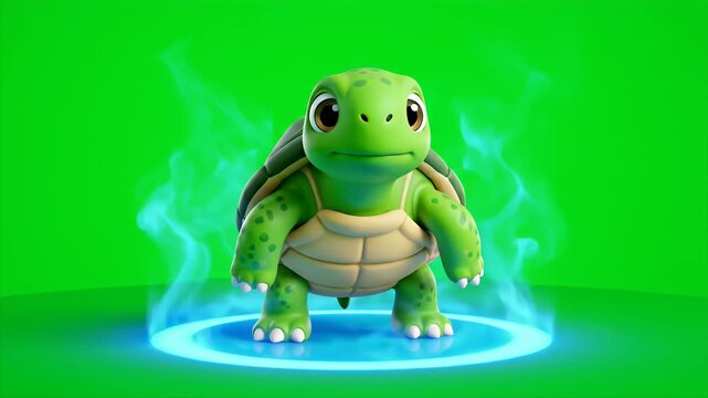 Adorable Cartoon Turtle Character Stands in Glowing Blue Ring with Green Smoke Against a Vibrant Chroma Key Green Background