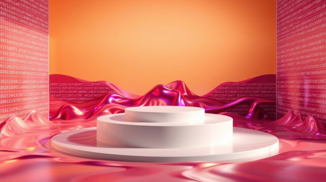 White pedestal stands amid flowing red material. Background features digital code, warm orange hues create dramatic lighting. Modern presentation.