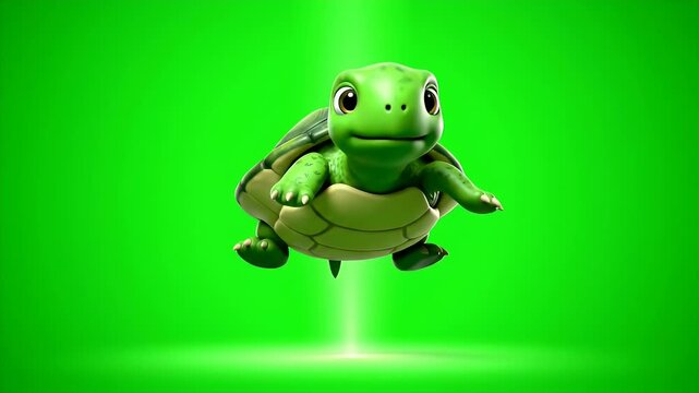 Charming 3D Render Of A Cute Baby Turtle With Big Eyes And Green Shell Floating Mid Air Against A Vibrant Green Screen Background