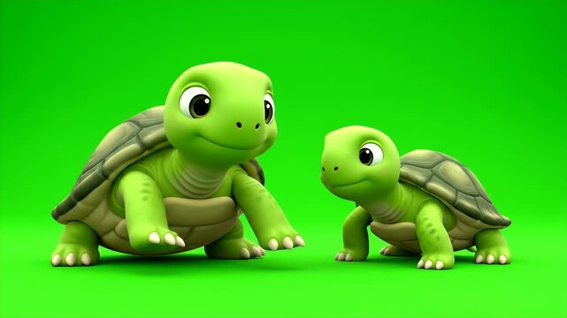 Charming 3D Render of Two Adorable Cartoon Turtles One Larger Adult and One Smaller Baby Turtle Standing Together on a Vibrant