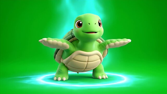 Charming 3D Rendered Cartoon Turtle Character With Cute Big Eyes And Green Shell Stands On A Glowing Circle With Turquoise Energy