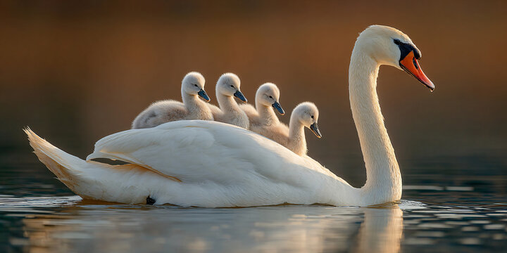 Swan Mother with Baby Swans in Lake