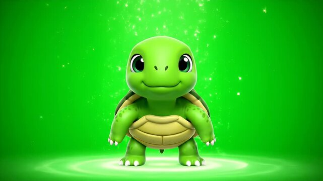 Charming Cartoon Turtle Character With Big Eyes and Sparkling Magic Aura on a Vibrant Green Screen Background with Subtle