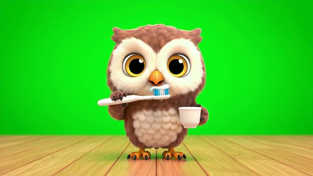 Cute Cartoon Owl Character Brushing Teeth With Toothpaste On A Toothbrush Holding A Small Cup Isolated On Green Screen Background
