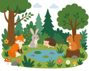 Fototapeta premium Cute Woodland Animals Gathering Around a Calm Forest Pond Vector Illustration