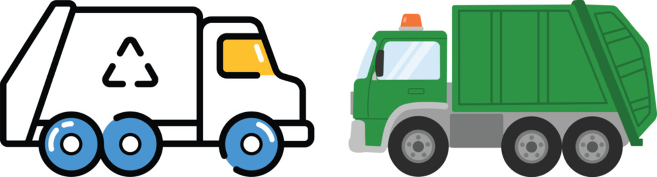 Recycling and waste collection garbage truck utility vehicle icons with recycling disposal transport environment collection sustainability dumpster pollution
