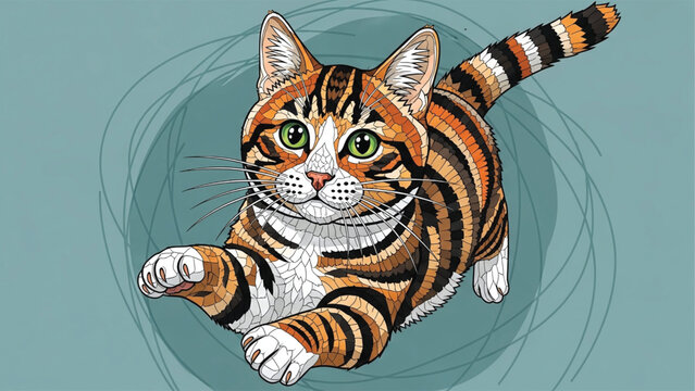 Colorful illustration of a calico cat with green eyes on a teal background.