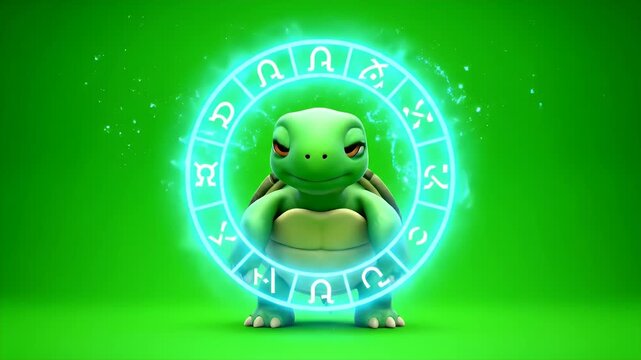 Green Screen Isolated Cute Cartoon Turtle Character With Glowing Zodiac Astrology Circle And Sparkles In A Whimsical Fantasy