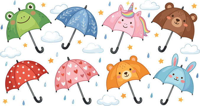 Cute Cartoon Animal Umbrellas Vector Illustration Set Featuring Frog Unicorn Bear Rabbit and Colorful Rainy Patterns for Kids Rainy Day Designs