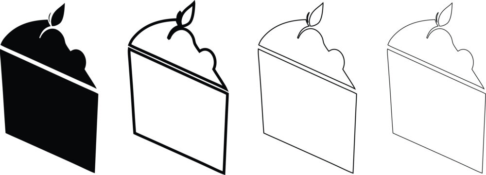 Vector set of cake slice icons with cream topping in outline silhouette and linear styles