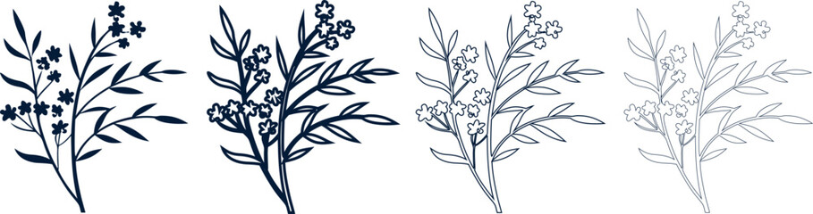 Wildflower berry branch icon set in solid dark blue silhouette and thin line art variations for delicate organic designs © Nasima