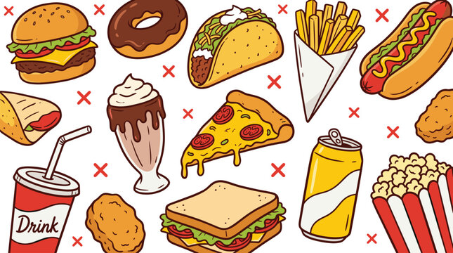 Fast Food Cartoon Vector Seamless Pattern Featuring Burger Pizza Fries Taco Hot Dog and Milkshake Hand Drawn Style Seamless Background Graphic