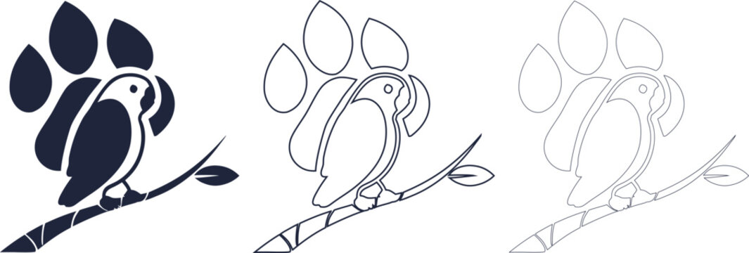 Parrot on a branch logo icon set with paw print background creative pet shop veterinary clinic or wildlife conservation vector concepts