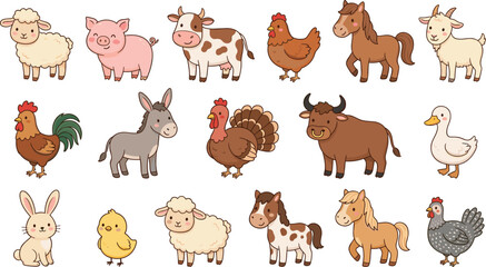 Fototapeta premium Cute Cartoon Farm Animal Vector Illustration Set Featuring Adorable Cow Horse Pig Sheep Rooster and Chicken Characters for Kids Educational Designs
