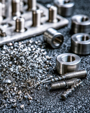Precision metal fasteners and machining shavings for industrial manufacturing inspection