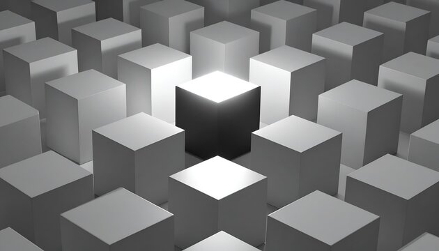Minimalist abstract concept with one illuminated cube among others, symbolizing focus, recognition, and business excellence.