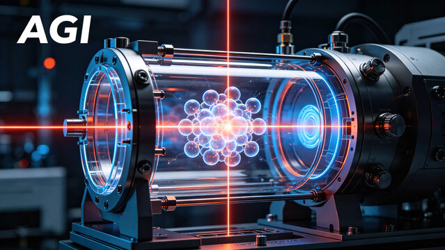 AGI cold atom interferometer gyroscope, bearing the "AGI" logo, an ultra-precision cold atom interferometer inertial navigation gyroscope, using laser-cooled atomic clouds within a vacuum cavity.