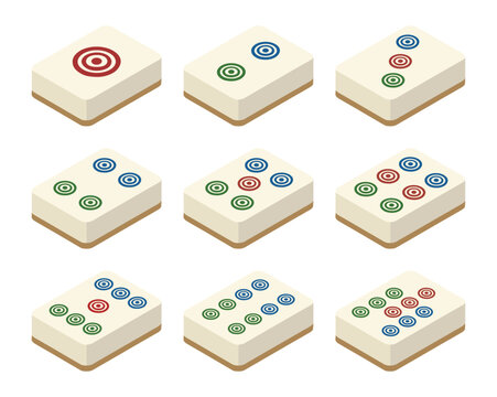 Chinese Mahjong dot tiles 1 to 9 isometric flat vector illustration set