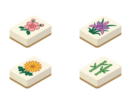 Chinese Mahjong flower tiles set plum orchid chrysanthemum bamboo isometric flat vector illustration