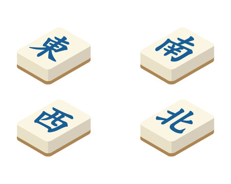 Chinese Mahjong wind tiles set east south west north isometric flat vector illustration