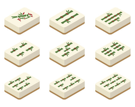 Chinese Mahjong bamboo tiles 1 to 9 isometric flat vector illustration set