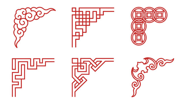 Set of six traditional red Chinese corner decorations including clouds and coins, perfect for borders and ornamental design elements