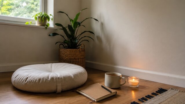 Zen Meditation Space. Cozy indoor corner featuring a floor cushion notebook warm tea and candle symbolizing peaceful quiet reflection and relaxation