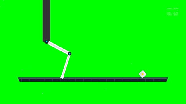 Mechanical arm in motion over a surface, on a bright green background, illustrating automation and engineering principles
