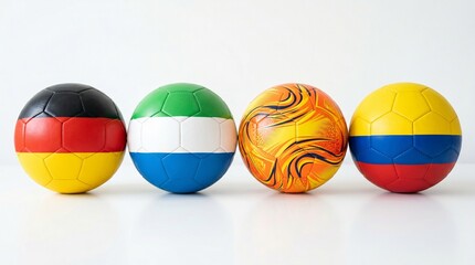 Naklejka premium Soccer balls align with flags and fire; surreal ceremony of play and heritage, duality of competition and unity, abstract echoes of resilience, culture, and identity.