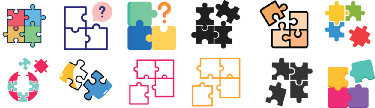 Set of puzzle piece icons representing problem solving and strategy with solution strategy connection illustration business teamwork thinking intelligence
