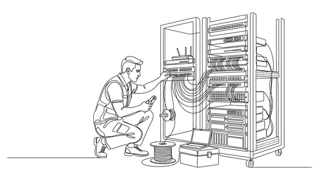 Technician working on server rack.