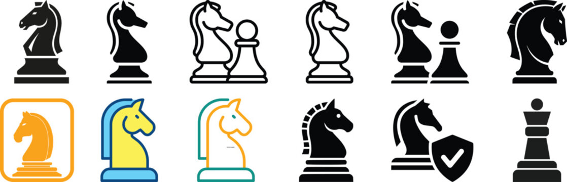 Set of chess knight horse piece icons for strategy and leadership with strategy leadership intelligence illustration thinking planning competition challenge
