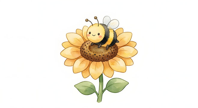 Cute watercolor chibi bee sitting on a sunflower illustration, isolated on white background.