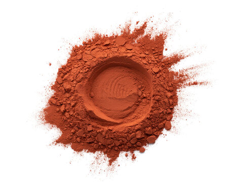 Red cosmetic clay powder pile with circular swirl on white background
