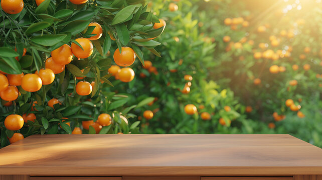 Empty wooden table top with orange fruit trees in sunny garden background for display