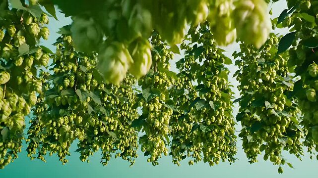 Fresh green hops cones hanging from vines in a plantation. Close-up of ripe Humulus lupulus flowers growing in a field. Beer brewing ingredient concept, ideal for beverage marketing and brewery.